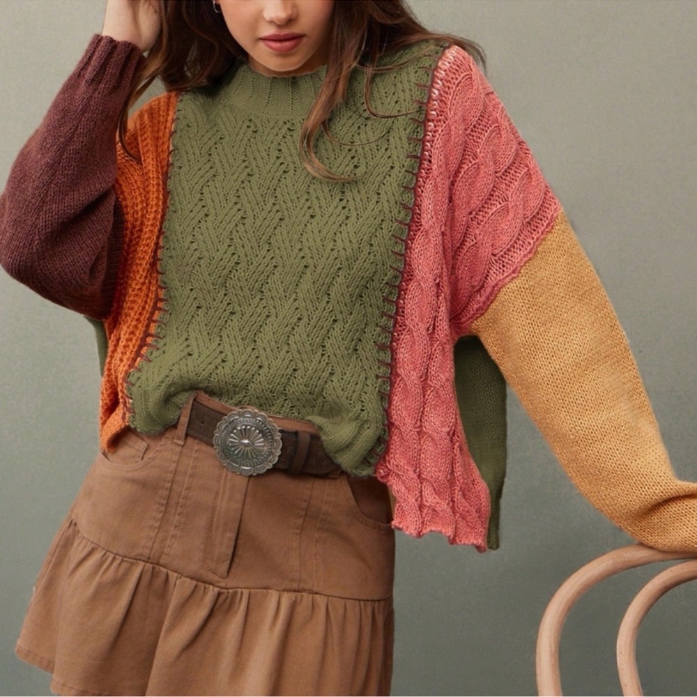 Cozy Color Block Cable Knit Round Neck Oversized Sweater Top XS S M L XL